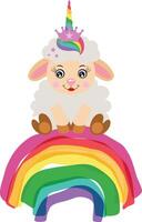 Cute unicorn sheep lamb sitting on rainbow vector