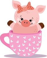 Adorable pig in pink cup vector