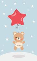 Funny illustration of a cute teddy bear flying with a star-shaped balloon vector