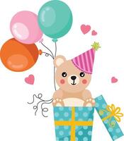 Surprise happy birthday box gift with teddy bear holding balloons vector