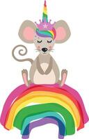 linda unicornio ratón sentado en arco iris vector