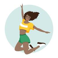 Girl in short t-shirt and shorts jumping, active training, zumba dance vector