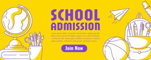 School admission flyer, yellow modern minimalist design with school supplies, line icons. Education, learning, knowledge concept. For banner, poster, web, event, advertising, website vector