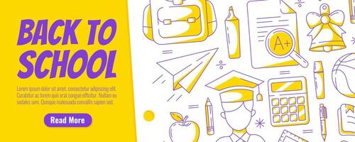 Back to school flyer, modern minimalist design with school supplies, stationery, line icons. Education, learning, knowledge concept. For banner, poster, web, event, advertising, website vector