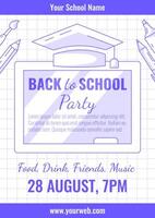 Back to school party, blue modern minimalist poster with chalkboard, school supplies, line icons. Education, learning, knowledge concept. a4. For banner, cover, web, flyer, event, celebration vector