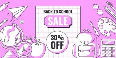 Back to school sale minimalist banner with discount, school supplies, stationery. Education, learning, selling concept. Horizontal poster for web, social media, advertising, business. vector