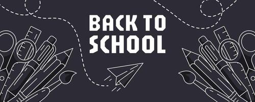 Back to school banner with school supplies, stationery. Horizontal minimalist design, line icons. Education, learning, concept. For web, social media, header, advertising, poster, flyer or event vector