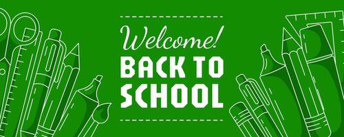 Welcome back to school narrow banner with school supplies, stationery. Horizontal minimalist green design, line icons. Education, learning, concept. For web, header, advertising, poster, flyer, event vector