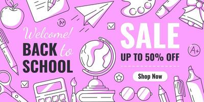 Welcome back to school sale minimalist banner with discount, school supplies, stationery. Education, learning, selling concept. Horizontal poster for web, social media, advertising, business. vector