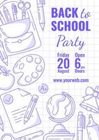 Back to school party, blue modern minimalist poster with school supplies, line icons. Education, learning, knowledge concept. a4 format. For banner, cover, web, flyer, event, celebration vector