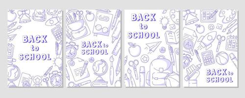 Set of back to school posters, vmodern minimalist design with school supplies, blue line icons. Education, learning, knowledge concept. a4 format. For banner, cover, web, flyer, marketing vector