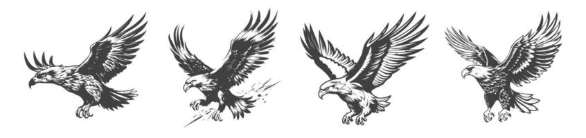 set of black and white design eagle silhouettes, generated ai vector