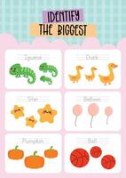 kids fun education find the biggest smallest object worksheet printable vector