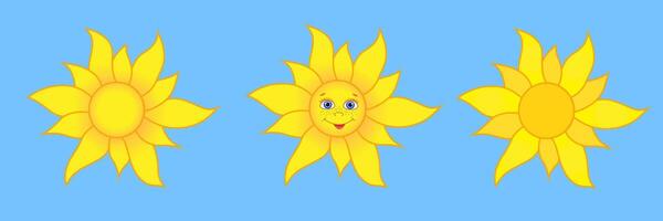 Set of cute sunny . Smiling sun with sunbeams cartoon character. The sun on a blue background. Sun with a face. Peace. vector