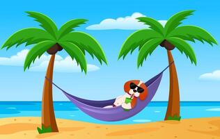 Beagle in glasses lies in a hammock on the beach against the backdrop of the sea and palm trees. Summer vector