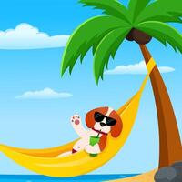 The beagle lies in a yellow hammock on the beach with a drink against the background of the sea and waves its paw hello vector