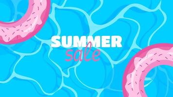 Hello summer sale background swimming pool with water and floating inflatable rings donuts vector