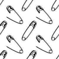 Punk seamless pattern. Metal chrome safety pin with heart. Rock background drawn on white background. Repeating print for fabric, wrapping paper, textile vector