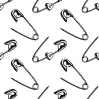 Punk seamless pattern. Metal chrome safety pin with heart. Rock background drawn on white background. Repeating print for fabric, wrapping paper, textile vector