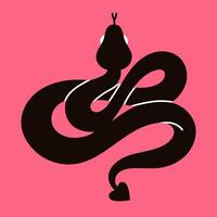 Black snake isolated on pink background. Flat mystical illustration. Logo design, tattoo vector