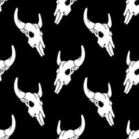 Seamless black pattern. Graphic cattle bull buffalo skull vintage. Wild west desert aesthetic. Flat background design. Repeating print for fabric, wrapping paper, textile vector