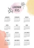 2025 table yearly calendar week start on Sunday with flower that use for vertical digital and printable A4 A5 size vector