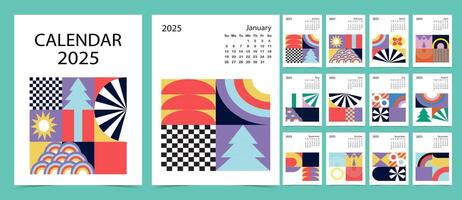 2025 table monthly calendar week start on Sunday with geometric that use for vertical digital and printable A4 A5 size vector