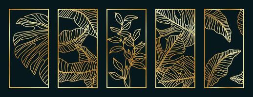 Gold foliage line art pattern collection. Laser cut with line design pattern. Design for wood carving, wall panel decor, metal cutting, wall arts, cover background, wallpaper and banner. vector