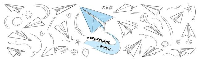 Hand drawn paper plane icons set. Hand drawn doodle style collection of speech bubble, star, heart, arrow. Paper plane design for application, doodle, print, sticker, decoration. vector