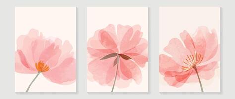 Vintage style floral wall art template. Collection of hand drawn flower with pink watercolor texture, wildflower. Botanical poster set for wall decoration, interior, wallpaper, banner. vector