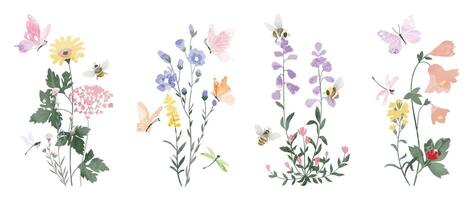 Set of botanical bouquet element. Collection of ladybug, bee, butterfly, dragonfly, flower, wildflower, wild grass. Watercolor floral illustration design for wedding, invitation, decor, print. vector
