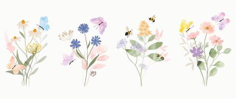 Set of botanical bouquet element. Collection of bee, butterfly, flowers, wildflowers, wild grass. Watercolor floral illustration design for logo, wedding, invitation, decor, print. vector