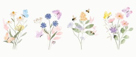 conjunto de botánico ramo de flores elemento. colección de abeja, mariposa, flores, flores silvestres, salvaje césped. acuarela floral ilustración diseño para logo, boda, invitación, decoración, impresión. vector