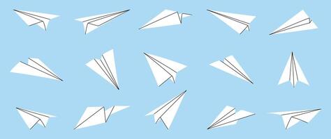 Hand drawn paper plane icons set. Paper plane doodle style collection different on blue background. Design for application, doodle, print, sticker, decoration. vector