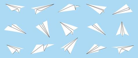 mano dibujado papel avión íconos colocar. papel avión garabatear estilo colección diferente en azul antecedentes. diseño para solicitud, garabatear, imprimir, pegatina, decoración. vector