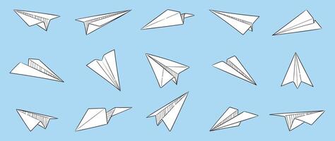 Hand drawn paper plane icons set. Paper plane doodle style collection different on blue background. Design for application, doodle, print, sticker, decoration. vector