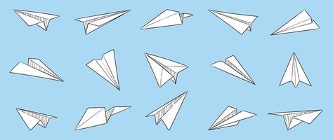 Hand drawn paper plane icons set. Paper plane doodle style collection different on blue background. Design for application, doodle, print, sticker, decoration. vector