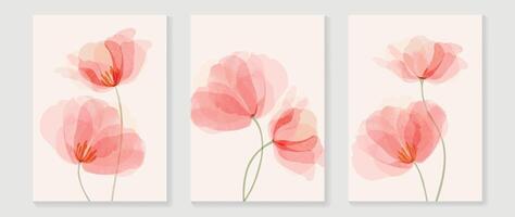 Vintage style floral wall art template. Collection of hand drawn flower with pink watercolor texture, wildflower. Botanical poster set for wall decoration, interior, wallpaper, banner. vector