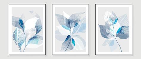 Vintage style foliage wall art template. Collection of hand drawn leaves with blue watercolor texture, leaves branch. Botanical poster set for wall decoration, interior, wallpaper, banner. vector