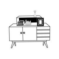 Chest of drawers with drawers, a shelf for books, decorative elements on the shelves. illustration, chest of drawers hand drawn in black . For designing interior sketches, printing vector