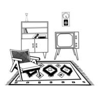 illustration. Bookcase, clock, carpet with ornaments, armchair, TV. Vintage interior hand-drawn in in black on a white background. For printing on paper and fabric, for interior design vector