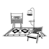 A radio with legs, a carpet with an ornament, an armchair, a floor lamp. Vintage interior hand-drawn in in black on a white background. For printing on paper and fabric, for interior design vector