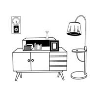 Vintage interior design, chest of drawers with bookshelf, books, vase, floor lamp, wall clock. Everything is hand-drawn in black . Suitable for printing on paper and fabric, for interior design vector