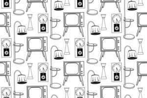 Seamless pattern hand-drawn in on the theme of interior design, furniture, TV, floor lamp, wall clock, vase. Drawn in in black. For printing on paper, fabric, interior sketches vector