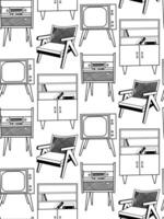 Seamless pattern hand-drawn in on the theme of interior design, furniture, TV, fish, bookcase, radiogramphone. Drawn in in black. For printing on paper, fabric, interior sketches vector