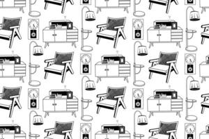 Seamless pattern hand-drawn in on the theme of interior design, armchair, floor lamp, chest of drawers, wall clock. Drawn in in black. For printing on paper and fabric, interior design vector