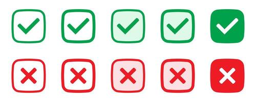 Right or wrong icons. Green tick and red cross checkmarks. Yes or no symbol, approved or rejected icon for user interface. vector