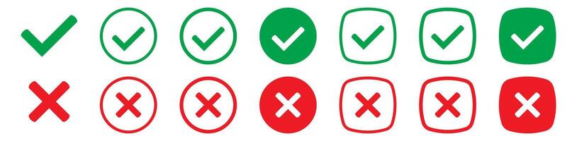 Right or wrong icons. Green tick and red cross checkmarks. Yes or no symbol, approved or rejected icon for user interface. vector