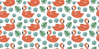 Hand drawn summer pattern with flamingo, seashell, seamless pattern for fabric, textiles, clothing, wrapping paper, cover, banner, interior decor. vector