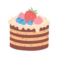 Birthday strawberry cake isolated on white. Flat cartoon design for postcards and stickers, birthday party invitation vector